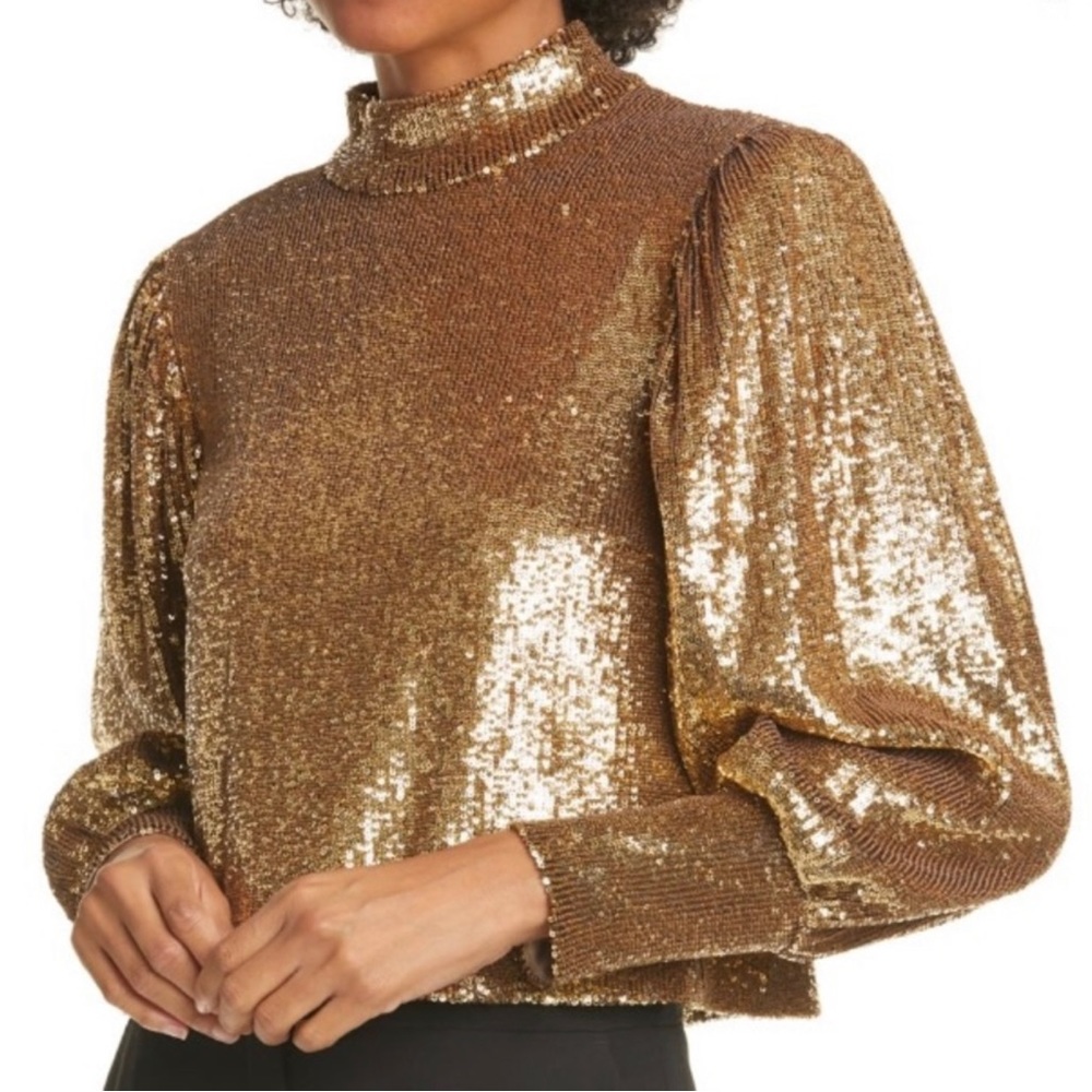 A.L.C. Women's Gold Margaret Sequin Mock Neck Long Sleeve Party Top